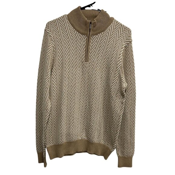 Perry Ellis Mens Beige & White Herringbone Quarter-Zip Sweater Sz Medium - Picture 1 of 10